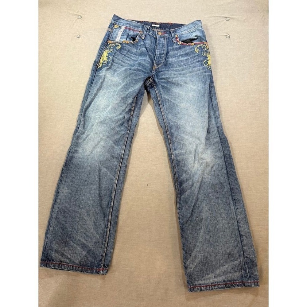 Parish Nation Mens Jeans Blue Embroidered Denim Straight Leg Pants Size 34X31.‎
